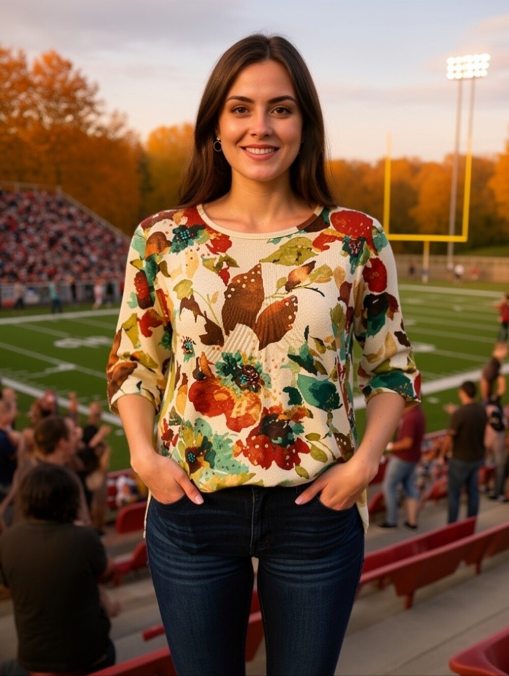 Alfred Dunner Vintage Cream Knit Top with Teal & Rust Floral Accents